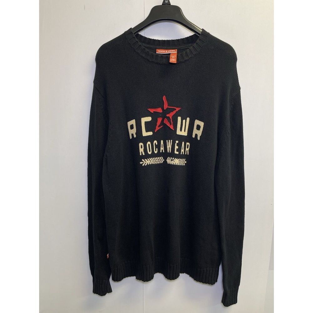 Vintage Rocawear Men's XL Y2K Embroidered Knit Sweater Pullover Black Streetwear